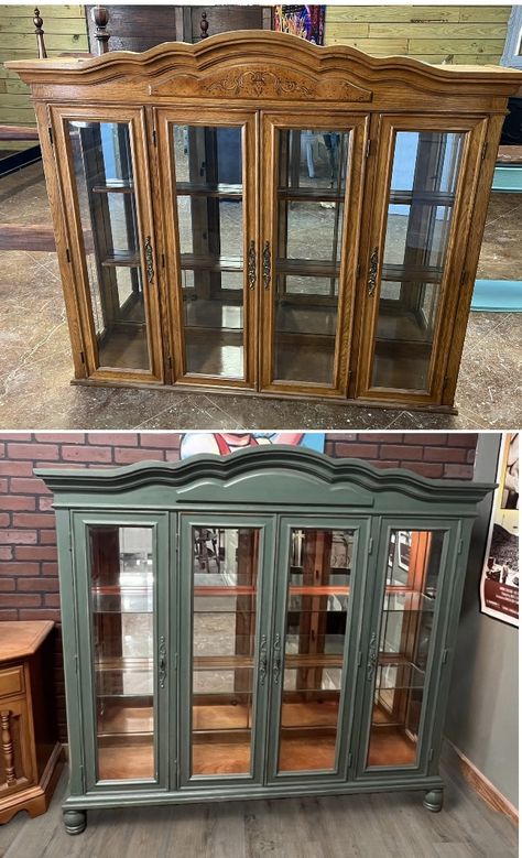 Diy Display Cabinet Makeover, Drexel China Cabinet Makeover, China Cabinet Redo, China Cabinet Makeover, Redo Cabinets, Diy Furniture Flip, Hutch Makeover, Cabinet Top, Refinishing Furniture Diy