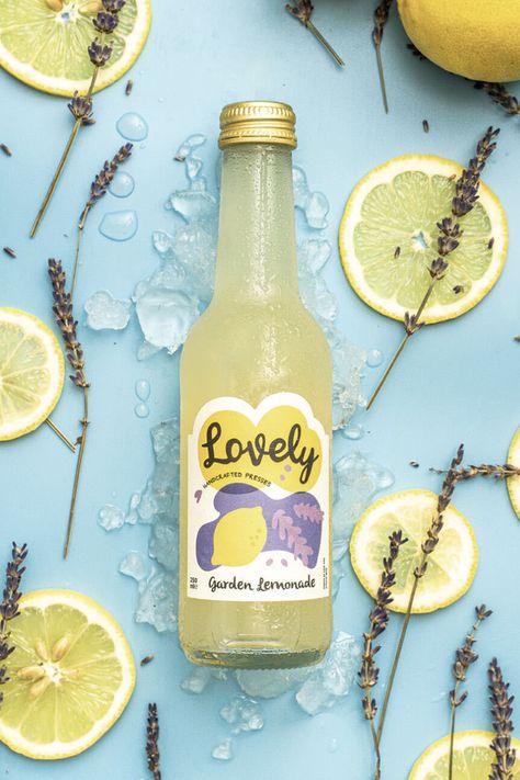 Lemonade Bottle Design, Soft Drink Photography, Lemonade Branding, Lemonade Packaging, Lemonade Lavender, Drink Product Photography, Lemonade Brand, Can Photography, Lemonade Design