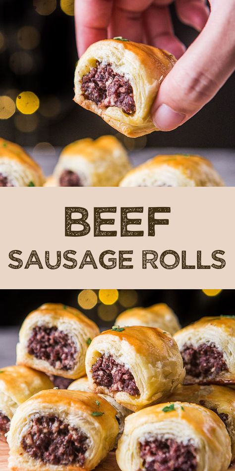 Beef sausage rolls made from beef with puff pastry. Perfect for snack, breakfast, and party appetizer. Kids will love these delicious savory sausage rolls. You only need ground beef, simple spices, and puff pastry for the main ingredients. Beef Sausage Rolls, Beef Pastry, Sausage Rolls Puff Pastry, Appetizers Mexican, Beef Roll Ups, Mexican Appetizer, Pastry Rolls, Beef Rolls, Delicious Chili Recipe