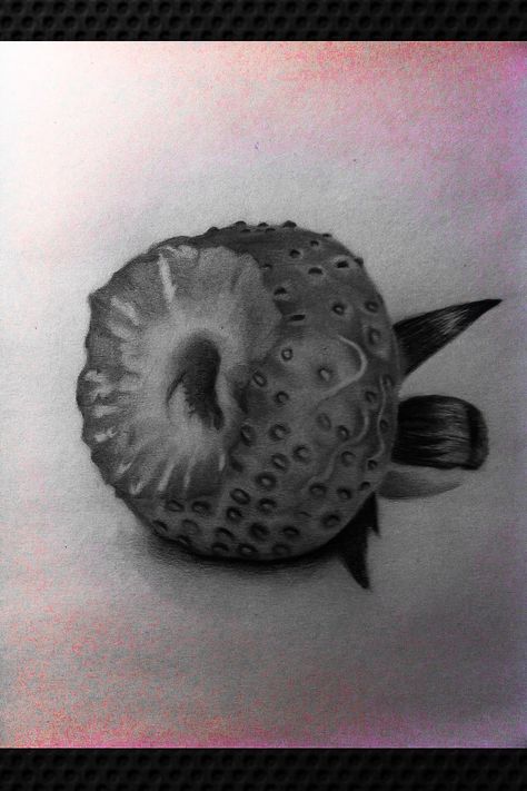 Bitten strawberry. Graphite drawing Bitten Strawberry, Strawberry Sketch, Strawberry Drawing, Fruit Sketch, Strawberry Tattoo, Black And White Sketches, Sketches Simple, Strawberry Fields, Graphite Drawings