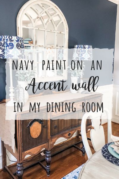 Navy paint on an accent wall in my dining room Navy Dining Room Walls, Blue Dining Room Walls, Warm Dining Room, Dining Room Navy, Dining Room Transformation, Trendy Dining Room, Navy Accent Walls, Dining Room Wall Color, Blue Kitchen Walls