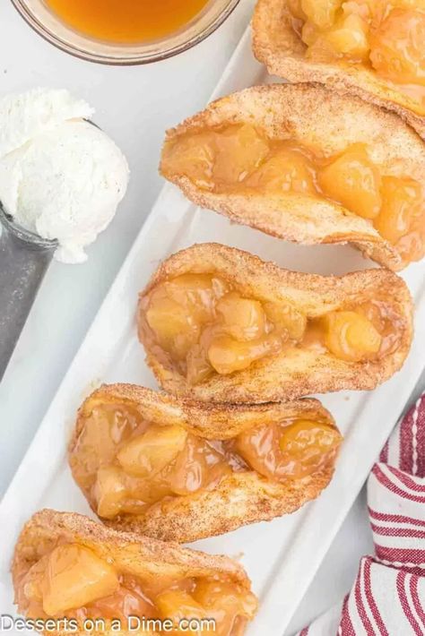 Apple Pie Tacos - Desserts On A Dime Cinnamon Sugar Tortilla, Apple Pie Tacos, Cinnamon Sugar Tortillas, Dessert Apple, Whipped Cream Desserts, Dessert Taco, Apple Desserts Easy, Cinnamon Tortillas, Canned Apple Pie Filling