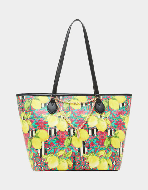 BETSEY JOHNSON - $98.00 | This delightful FRESH N FRUITY TOTE BAG is bursting with playful designs over a charming striped pattern. Not only is it stylish, but it also includes a versatile charm necklace that can double as both a handbag chain and jewelry! #betseyjohnson #AD #totebag Yellow Tote Bag, Betsey Johnson Clothes, Wardrobe Goals, Betsey Johnson Handbags, Luxury Designer Handbags, Drop Top, Betsey Johnson Bags, Unique Bags, Metal Necklaces