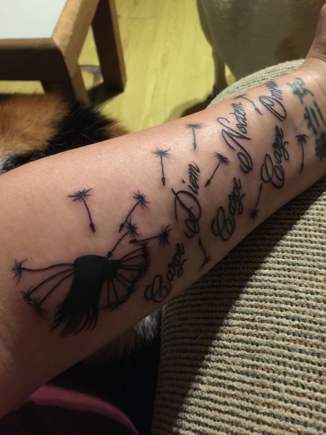 My new Tattoo dandelion with carpe diem carpe noctem and carpe omnia Carpe Diem Tattoo Fonts, Tattoo Dandelion, Tattoo Fonts Cursive, Carpe Noctem, Dandelion Tattoo, Fonts Cursive, Tattoo Font, Word Tattoos, Tattoo Lettering