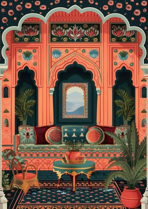 Indian Mughal Paintings, Ida Scudder, Rajasthan Decor, Jaipur Painting, Mughal History, Positano Theme, Arab Pattern, Mughal Design, Tapestry Painting