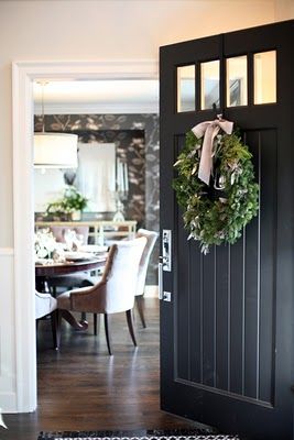 black door, wreath with oversized velvet bow. White Front Door, Black Front Doors, House Front Door, Black Door, Farmhouse Front, Front Door Design, Black Doors, Door Color, Decor Rustic