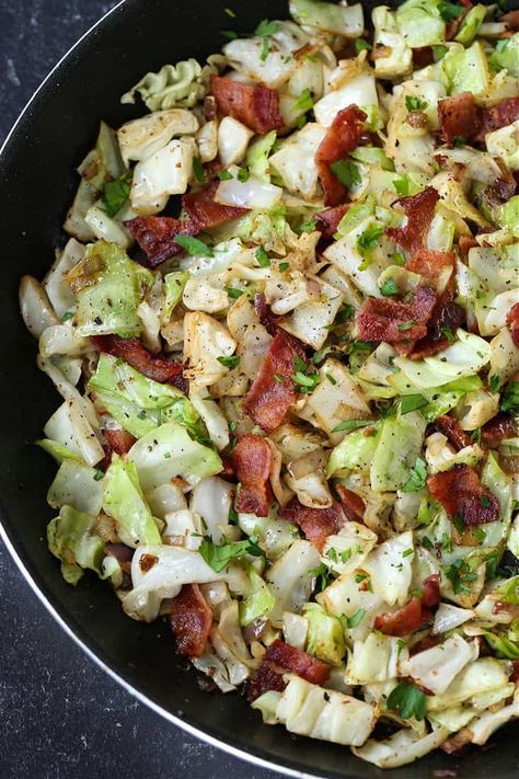 Fried Cabbage with Bacon is such a delicious side dish recipe for St. Patrick's Day or any dinner! Fried Cabbage With Bacon, Cabbage With Bacon, Southern Fried Cabbage, Bacon Fried Cabbage, I Heart Recipes, Grandma's Recipes, Braised Cabbage, Veggie Casserole, Heart Recipes