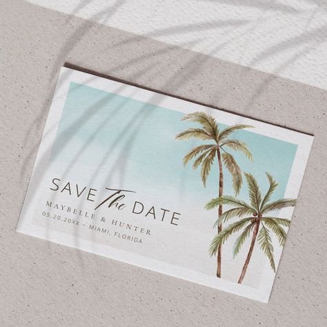 Watercolor Tropical Palm Trees Save The Date #zazzle #weddinginvitations #birthdayinvitations #babyshowerinvitations #zazzleinvitations #monogram #businesscards #graduation #homedecor Beach Wedding Save The Date, Funny Save The Dates, Elegant Wedding Invitation Card, Tropical Palm Trees, Traditional Invitation, Key West Wedding, Rustic Save The Dates, Watercolor Tropical, Beautiful Beach Wedding