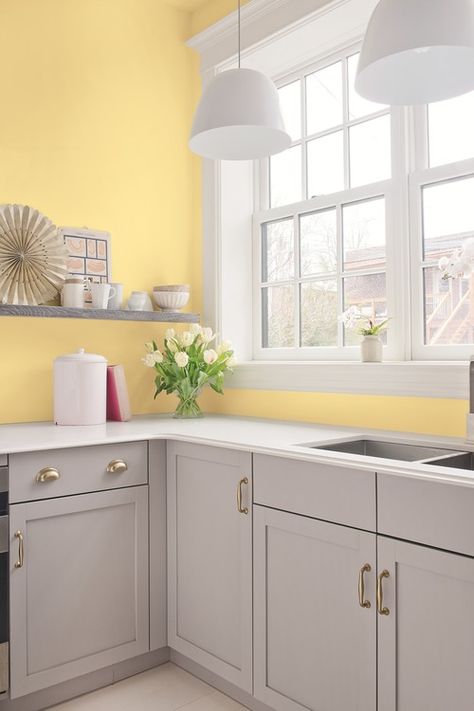 Cottage Kitchen in Yellow and Gray Lower Kitchen Cabinets, Yellow Kitchen Walls, Yellow Kitchen Designs, Yellow Kitchen Cabinets, Paint Color Trends, Yellow Dining Room, Yellow Kitchen Decor, Lucid Dreams, Small Kitchen Decor