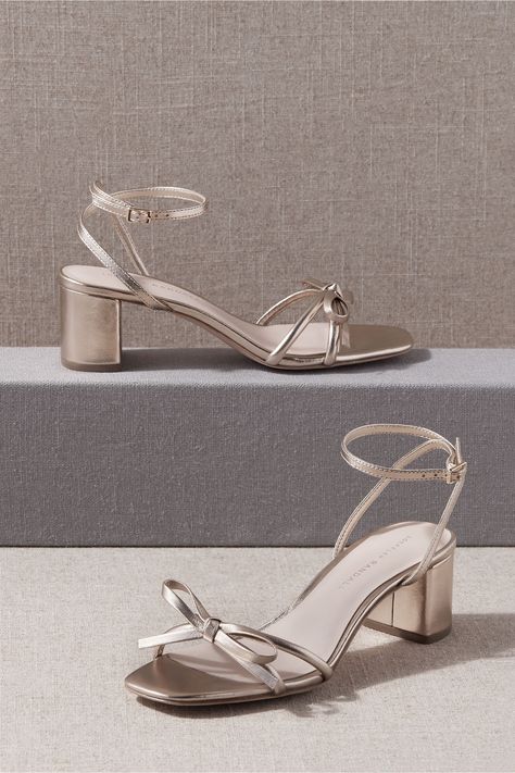 For an understated look, slip on these block heels with a modern bow detail and skinny straps. Silver Block Heels, Heel Sandals Outfit, Wedding Accessories For Bride, Bhldn Wedding, Wedding Dresses Bridesmaids, Anthropologie Wedding, Heels Outfits, Loeffler Randall, Stylish Dress Designs