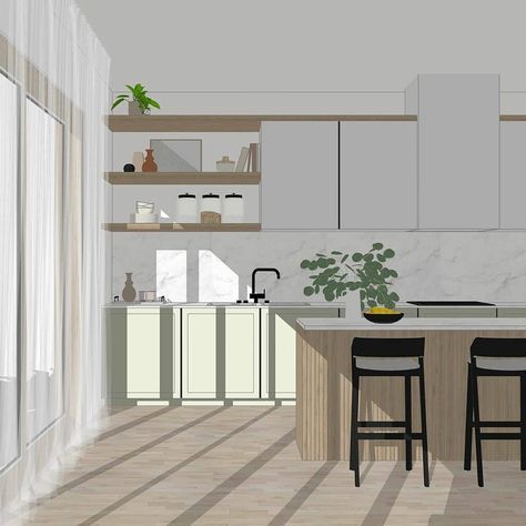 Anyone else spending more time than ever searching for snacks in between meetings? #OrbitFromHome prompt: show us your dream kitchen.  Modeled by Vanessa Mello in #SketchUp Interior Design Template, Interior Design Drawings, Interior Design Presentation, Furniture Details Design, Interior Design Boards, Interior Sketch, Kitchen Interior Design Modern, Layout Architecture, Interior Design Mood Board