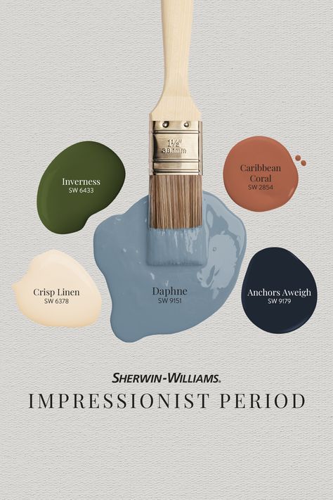 Celebrate the dappled light and distinctive colors of Impressionist-era artists with help from this Sherwin-Williams paint palette. Tap this pin to order free color chip samples, then stop by your neighborhood store to get your project started.

#SherwinWilliams #DIY #InteriorDesign #Color #Inspiration #Paint #HomeImprovement #ColorPalette #PaintColorPalette #ArtistPalette Exercise Room Paint Colors, Coffee Shop Paint Colors, Impressionist Color Palette, Eclectic Home Color Palette, Split Wall Paint Color Schemes, Antique Paint Colors, Paint Colors For Office, Light Blue Color Palette, Bathroom Color Palette