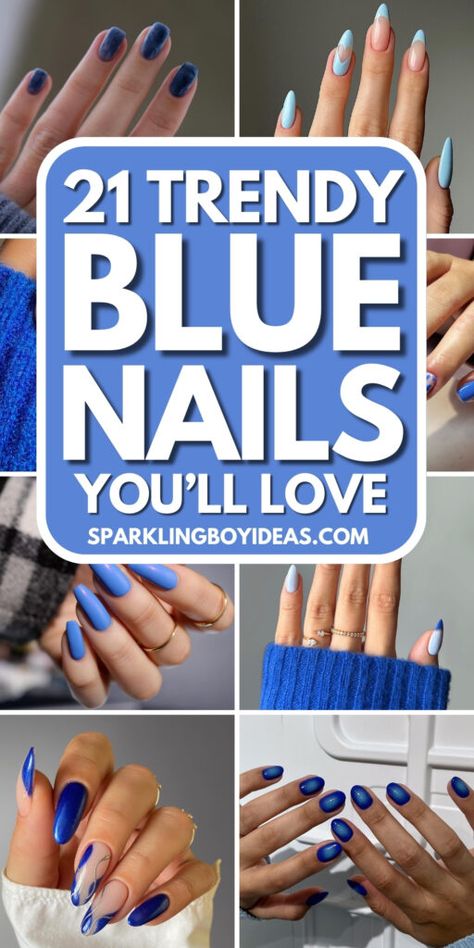 Blue Gel Nail Designs, Navy Blue Nail Ideas, Aesthetic Blue Nails, Fun Blue Nails, Blue Nails Ideas, 21 Aesthetic, Cobalt Blue Nails, Pastel Blue Nails, Blue Nail Color