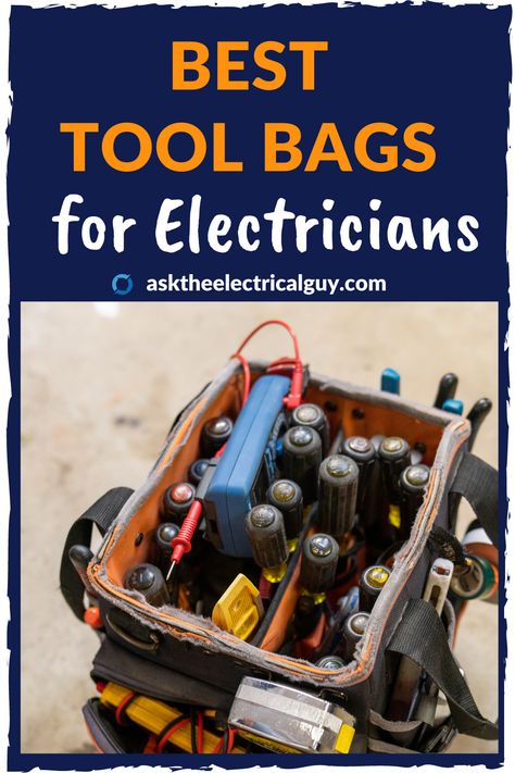 open top tool bag stuffed with electrician tools. Pockets around the outside of the bag filled with tools. Best Tool Bag, Electrician Humor, Tool Bag Organization, Electrician Tool Bag, Home Electrical Wiring, Tool Tote, Electrician Tools, House Wiring, Tool Bags