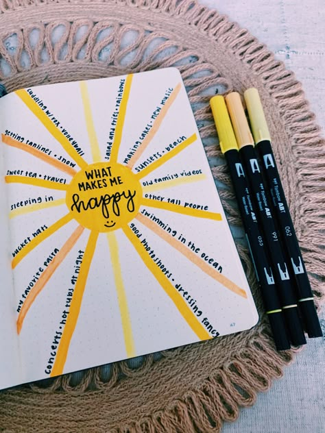 Sun Journal Ideas, Journal What Makes Me Happy, Sunset Bullet Journal, Quotes Aesthetic Journal, Journal Drawing Ideas, Tombow Art, What Makes Me Happy, Mini Art Journal, Bullet Journal Ideas Templates