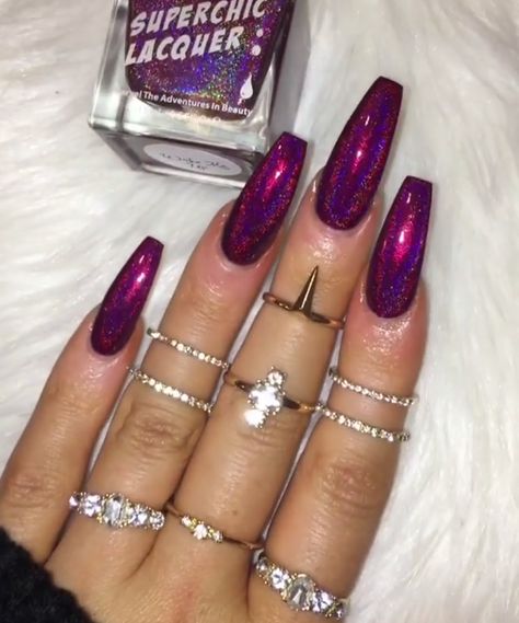 Magenta Nails, Metallic Nails Design, Uk Nails, Purple Nail, Simple Acrylic Nails, Coffin Nails Long, Metallic Nails, Get Nails, Wake Me