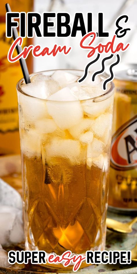 Mix up a Fireball and Cream Soda for bold cinnamon spice and smooth sweetness! This easy cocktail is a perfect crowd-pleaser. Fireball And Cream Soda Recipe, Fireball Cream Soda Drink, Alcoholic Drinks For A Crowd, Fireball And Cream Soda, Fireball Whiskey Recipes, Gameday Drinks, Fireball Cocktails, Fireball Recipes, Fireball Drinks