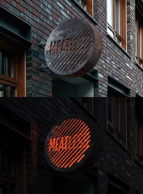 MEATLESS on Behance Meat Restaurant, Meat Shop, Environmental Graphic Design, Restaurant Concept, Wayfinding Signage, Environmental Design, Restaurant Interior Design, Luminaire Design, Environmental Graphics