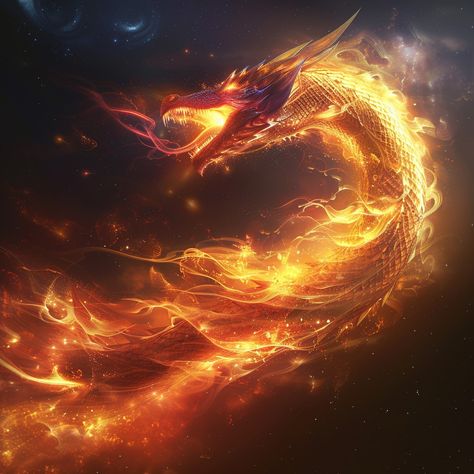 Fiery Cosmic Dragon: A majestic fire dragon soars through a cosmic backdrop, illuminating the darkness with its flames. #dragon #fire #cosmic #space #fantasy #aiart #aiphoto #stockcake ⬇️ Download and 📝 Prompt 👉 https://ayr.app/l/HdLS Fire Magic Art, Dragon Made Of Fire, Dragon Flame Aesthetic, Fire Dragon Art, Fire Dragon Aesthetic, Flame Magic, Fire Dragon Art Fantasy, Fire Chinese Dragon, Elemental Animals