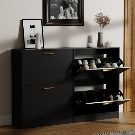 Black Cabinet Living Room, Living Room Shoe Storage, Shoe Rack Ideas Entryway Entrance, Modern Entryway Shoe Storage, Living Room Organization Ideas, Hidden Shoe Cabinet, Living Room Storage Ideas, Shoe Cabinet Black, Entryway Decorating