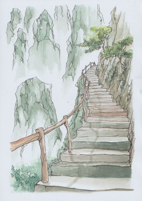 Staircase Drawing, How To Draw Stairs, Art Buildings, Stair Art, Stairs To Heaven, Long Painting, Aesthetic Architecture, Landscape Sketch, Architecture Drawing Art