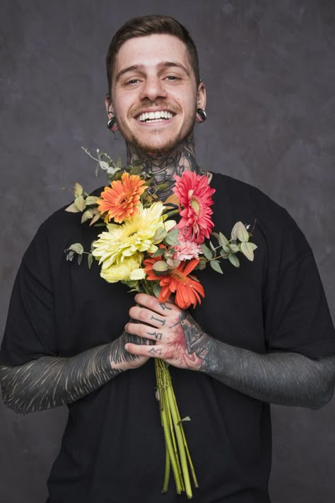 Man Holding Flowers, Hand Praying, Hands Holding Flowers, Hipster Tattoo, Flowers For Men, Giving Flowers, Retro Eyeglasses, Flower Photoshoot, Human Anatomy Art