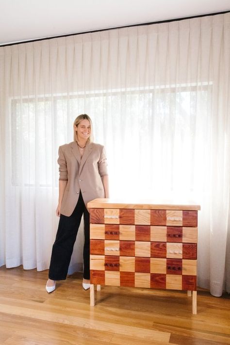 Upcycled Timber Stained Checker Drawers — Smor Home Checkered Furniture, Pattern On Furniture, Jean Embroidery, Striped Furniture, Portland Apartment, Checker Pattern, Reupholster Furniture, Upcycling Projects, Second Hand Furniture