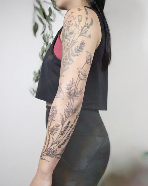 Melanie Benoit on Instagram: "A bit tricky to take photos of this piece! Wheat, pine branches and cones, lavender, California poppies, herbs and snake 🐍 *upper arm tattoo by another artist 💕 ~ Thanks so much Renee for your trust on this piece!" Lavender Sleeve Tattoo, Lavender Arm Tattoo, Cone Flower Tattoo, Pine Branch Tattoo, December Tattoo, Herb Tattoo, Upper Arm Tattoo, Tattoo Thoughts, Garden Tattoos