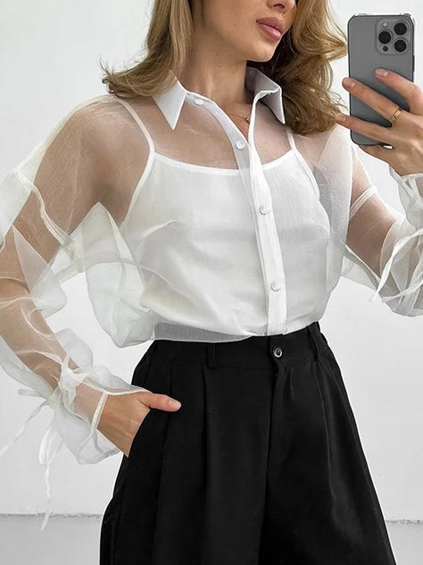 All Tops Long Sleeve Loose Blouse, Stylish Blouse, Punk Outfits, Loose Blouse, Daily Dress, Blouse Outfit, White Tops, Shoulder Sleeve, Long Tops