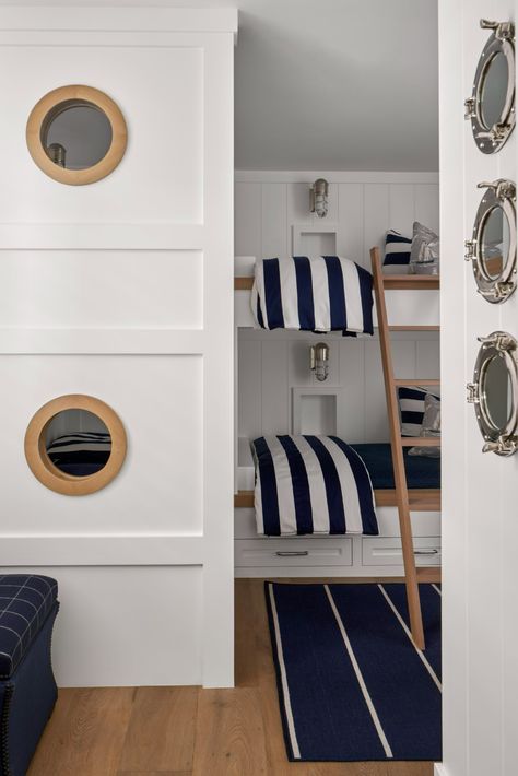 Newport Beach House, Bunk Bed Room, Nautical Interior, Nautical Bedroom, Bunk Beds Built In, Built In Bunks, Bunk Rooms, Barclay Butera, Striped Bedding