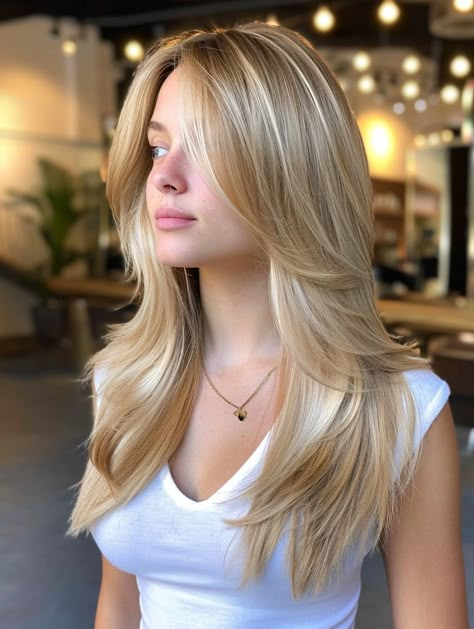 Disconnected Curtain Bangs, Layered Haircuts For Long Hair With Bangs, Low Maintenance Layers, Womens Haircuts Long, Brooke Hairstyles, Long Layered Haircuts For Thick Hair, Platinový Blond, Thicken Fine Hair, Girls Haircut