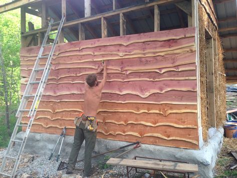 Wood Siding Cottage, Live Edge Siding Exterior, Wood Cabin Exterior, Live Edge Siding, Sauna Trailer, Natural Edge Wood, Cordwood Homes, Wood Siding Exterior, Natural Building Materials