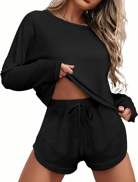 Lounge Sets For Women, Matching Lounge Set, Stylish Pajamas, Womens Loungewear Sets, Knit Lounge Set, Womens Pajama Shorts, Drawstring Waist Shorts, Shorts Outfits, Kimono Pattern