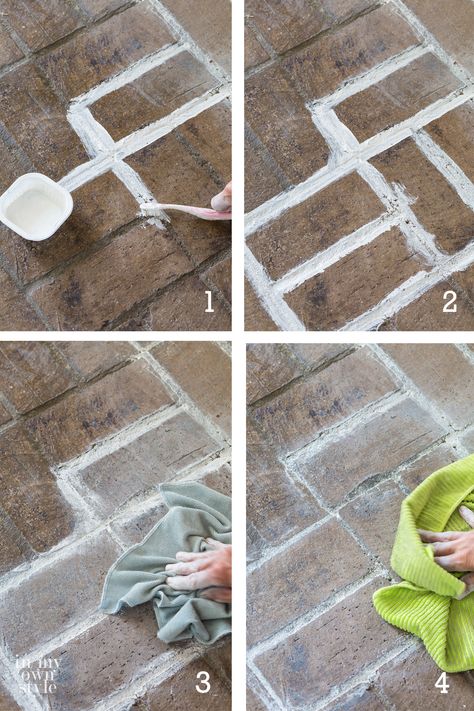 How to whitewash a brick floor for $14 using grout paint. Find out how easy it is to do this DIY floor painting project in an afternoon for a room this size. #brickflooring #brickfloormudroom #brickfloorfoyer #brickfloorkitchen #paintedfloor #whitewashbrick #DIYdecor Limewash Brick Floor, White Wash Outdoor Brick, Whitewash Saltillo Tile Floor, White Wash Brick Porch, Painted Brick Flooring, Limewash Tile Floor, White Washed Brick Floor, Whitewash Brick Floor, White Wash Brick Floor