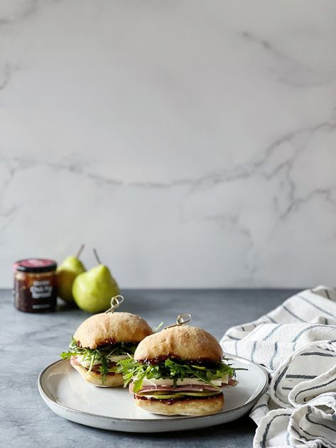 Pear, Prosciutto, Brie, Chili Fig Sandwich — Milford Kitchen Fig Sandwich, Prosciutto Brie, Pear Prosciutto, Pear Brie, Spicy Sandwich, Brie Sandwich, Fig Spread, Yummy Dishes, Baby Arugula