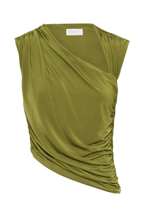 Sophisticated staple.The GRISELDA Draped Slinky Sleeveless Top is a chic and elegant piece for any wardrobe. It features an asymmetrical neckline and sleeveless design, offering a modern and sophisticated look. The ruched detailing and asymmetrical hemline add a touch of texture and flair. Fully lined for comfort, this top is perfect for both casual and dressy occasions, making it a versatile addition to your collection. Vintage Brands Clothing, Draped Top Outfit, Asymmetrical Top Outfit, Unique Top Designs, Draped Tops, Layering Tops, December Outfits, Statement Tops, Drape Top