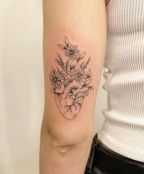 Tattoo Of Heart With Flowers, Earth And Flower Tattoo, Human Heart And Flowers Tattoo, Realistic Heart With Flowers Tattoo, Flowers Coming Out Of Heart Tattoo, Heart With Flowers Coming Out Tattoo, Heart And Birth Flower Tattoo, Flower In Heart Tattoo, Atomical Heart Tattoos With Flowers