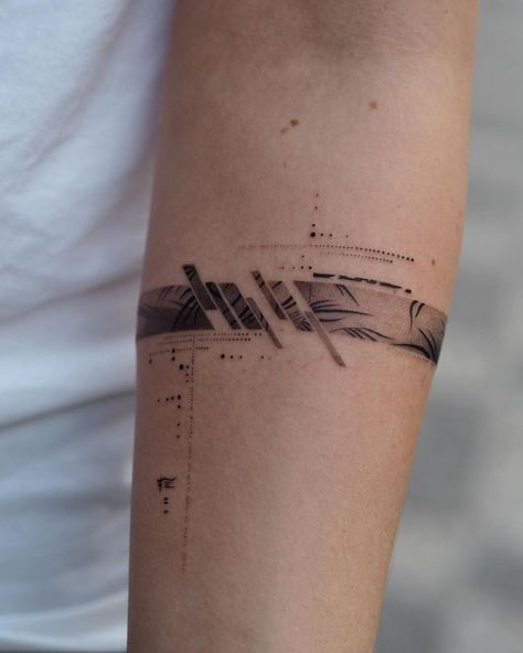 Live In The Moment Tattoo, Arm Cover Up Tattoos, Stripe Tattoo, Abstract Art Tattoo, Simple Arm Tattoos, Simple Tattoos For Guys, Forearm Band Tattoos, Leaves Abstract, Armband Tattoo Design