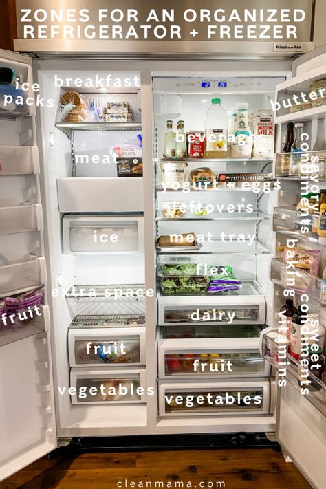 How to Add Zones to a Fridge and Freezer – Clean Mama Stocked Fridge Goals, Healthy Fridge Goals, Fridge Goals Healthy Food, Full Fridge Goals, Snacks Fridge, Side By Side Fridge Organization, Vegan Fridge, Aesthetic Fridge, Fridge Goals