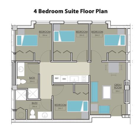 This is the perfect set up.. Dorm Common Room, Apt Layout, Suite Floor Plan, Single Dorm Room, Quad Room, Apartment Layouts, Dorm Layout, Dorm Room Layouts, Minimalist Dorm