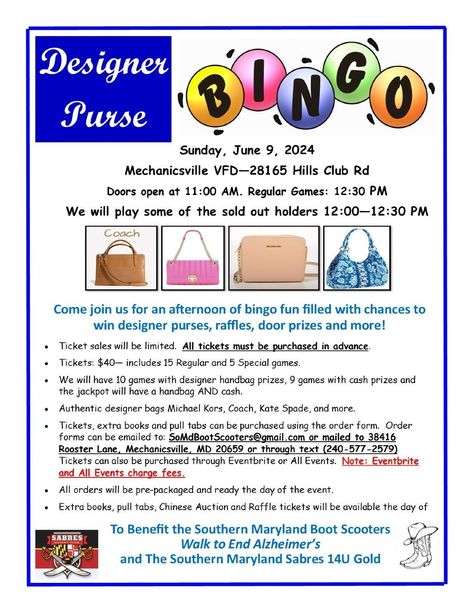 Designer Purse Bingo Purse Bingo Fundraiser Ideas, Purse Bingo Fundraiser, Bingo Fundraiser Ideas, Bingo Fundraiser, Purse Bingo, Walk To End Alzheimer's, Outlook Calendar, Volunteer Fire Department, Special Games