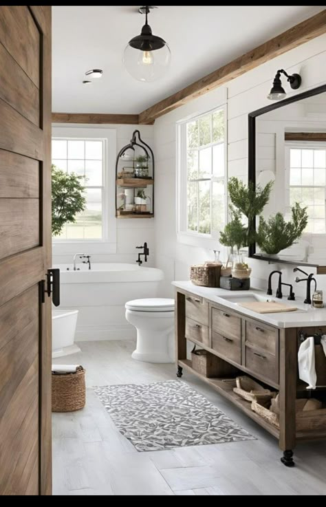 Farmhouse Bathroom Inspiration, Modern Farmhouse Bathroom Ideas, Mini Chalet, Beautiful Modern Farmhouse, Farmhouse Bathroom Ideas, Bathroom Farmhouse Style, Restroom Decor, Modern Farmhouse Bathroom, Bathroom Remodel Shower