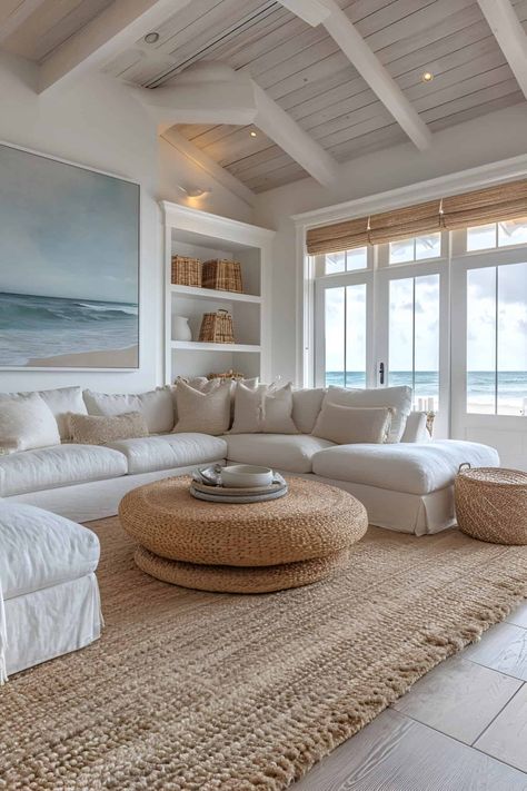 17 Beach House Living Room Designs That Will Make Your Home Feel Like A Permanent Vacation Coastal Aesthetic House, Beach Aesthetic House, Beach Home Aesthetic, Mexico Beach House, Neutral Coastal Decor, Florida Living Room, Beach House Furniture, Malibu Beach House, Beach House Living Room