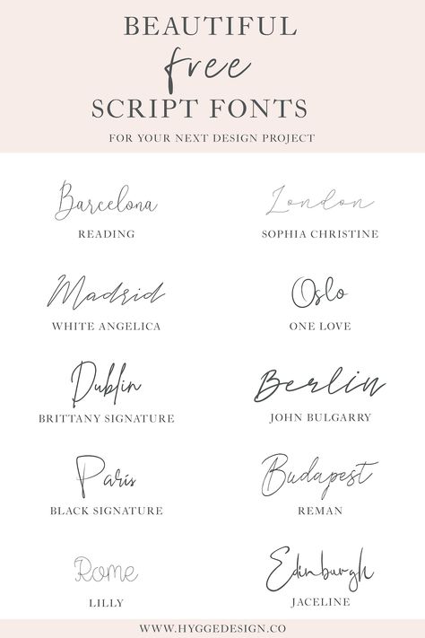 Top ten free script fonts | Beautiful script fonts that you can use for your next design project. Learn more about where you can get these beautiful fonts today! #hyggedesignco #designinspiration #fonts Typographie Logo, Hygge Design, Schrift Design, Beautiful Script Fonts, Free Script Fonts, Design Blogs, Aesthetic Fonts, Font Inspiration, Brush Script