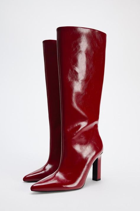 Cherry Boots, Cherry Red Boots, Red Heel Boots, It Girl Aesthetic, Zara Australia, Zara Boots, Coat Shoes, Concert Outfits, High Heel Boots Knee