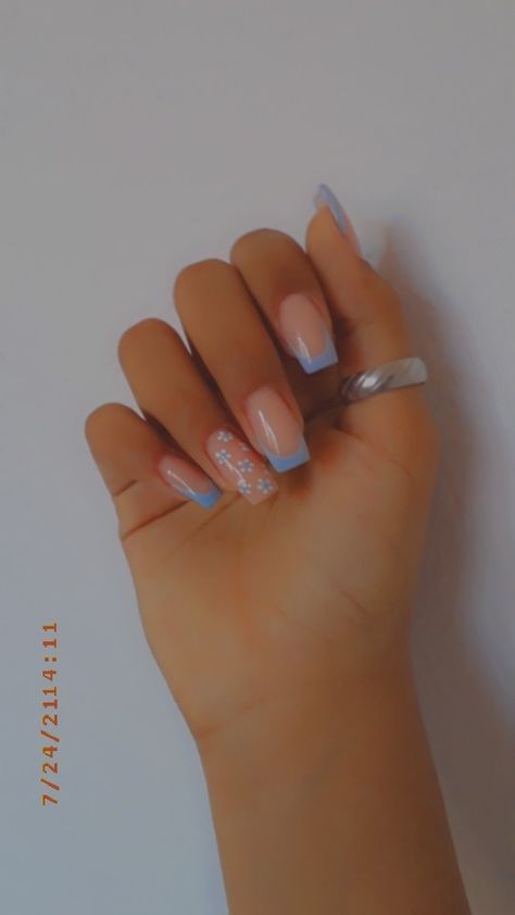 French Blue Tips Nails, April Nails Ideas French Tips, French Tip Summer Nails Designs, Square French Nails Ideas, Mid Length Nails Acrylic Coffin, Ballerina Nails Spring, Nail Inspo Summer Square, Baby Blue Nails French Tip, Sky Blue French Tip 1.5