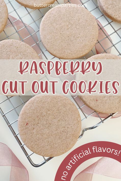 These roll out raspberry sugar cookies are enjoyable for spring and summer parties. Topped with your favorite flavor of buttercream, they are the perfect treat! You won't find any artificial flavoring or coloring on these cookies. All the flavor and color comes from real raspberries. So delicious you'll be baking them for everyone you know! Raspberry Sugar Cookies, Rolled Buttercream For Cookies, Raspberry Sandwich Cookies, Flavored Sugar Cookies, Christmas Cutout Cookie Recipe, Roll Out Cookies, Roll Out Sugar Cookies, Cutout Cookie, Best Oatmeal Cookies