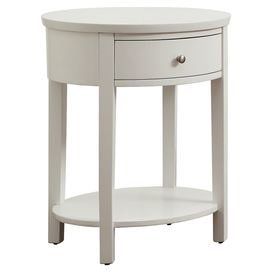 Showcasing a round silhouette, this poplar wood side table brings chic appeal to your living room or master suite. Its 1 drawer is perfect for stowing books and remotes, while a crisp white finish stylishly anchors a bold table lamp or vase.    Product: Side tableConstruction Material: Poplar woodColor: WhiteFeatures:  One dovetailed drawerOpen bottom display shelfDimensions: 27" H x 24" W x 20" D White Accent Table, Round Nightstand, Satin Nickel Hardware, Wood Accent Table, White Storage, White Nightstand, Low Shelves, End Tables With Storage, Side Table Wood