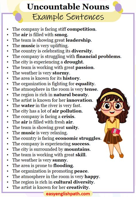 100 Uncountable Noun Example Sentences in Grammar. Uncountable Noun Sentences in English Countable Nouns, List Of Uncountable Nouns, Expanded Noun Phrases, Countable And Uncountable Nouns Exercise, Regular Nouns, Basic English Sentences, Uncountable Nouns, English Sentences, Grammar