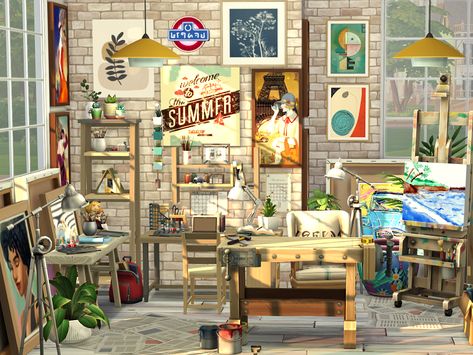 Sims 4 Art Room, Sims 4 Art, Hippie Furniture, Sims Background, Sims Characters, Artist Bedroom, Artsy Girl, Background Characters, Sims 4 House Building